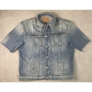 True Religion Denim Jean Trucker Biker Jacket Mens 3XL Blue Short Sleeve EUC